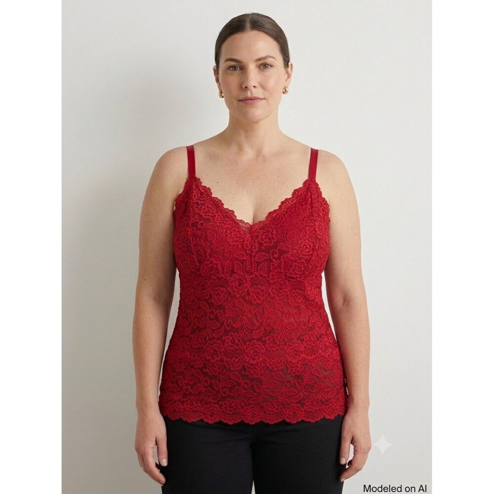 Cabernet Red Floral Lace Camisole Tank Top w/ Bow Accent, Women's Plus 3X